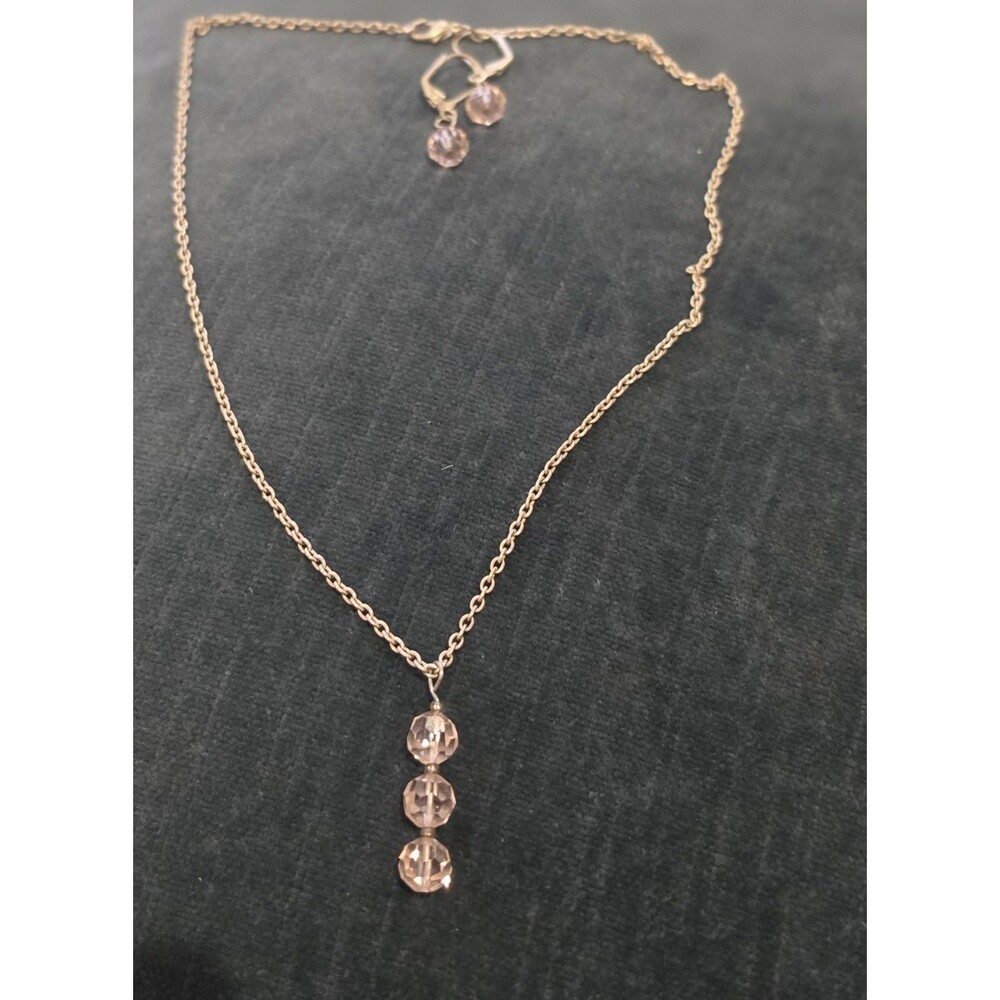 Vintage Style Rose Gold Tone Pink Crystal Necklace & Leverback Earrings Set